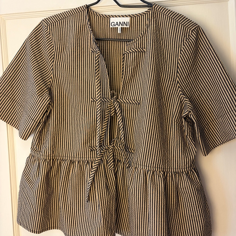 Ganni Black and Tan Striped Tie-Front Peplum Top